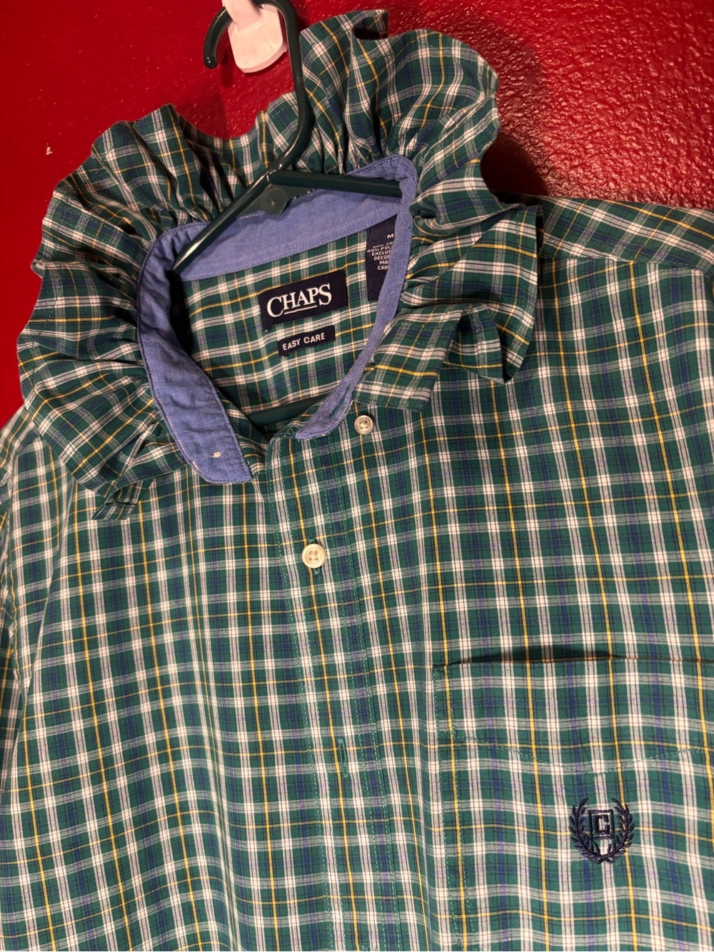 Upcycled/Reloved Chaps Green Plaid Ruffled Collar Shirt